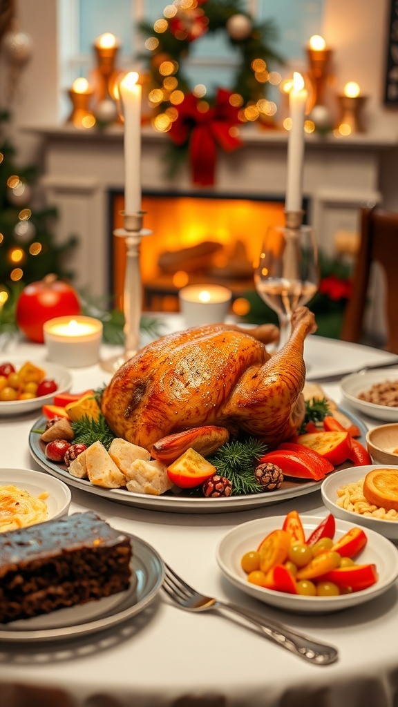 A festive Christmas dinner table for two with roast chicken, mashed potatoes, roasted vegetables, and chocolate cake.